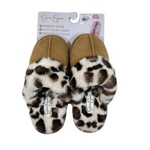 Jessica Simpson Womens S 6/7 Slippers Faux Suede Memory Foam Animal Print NEW